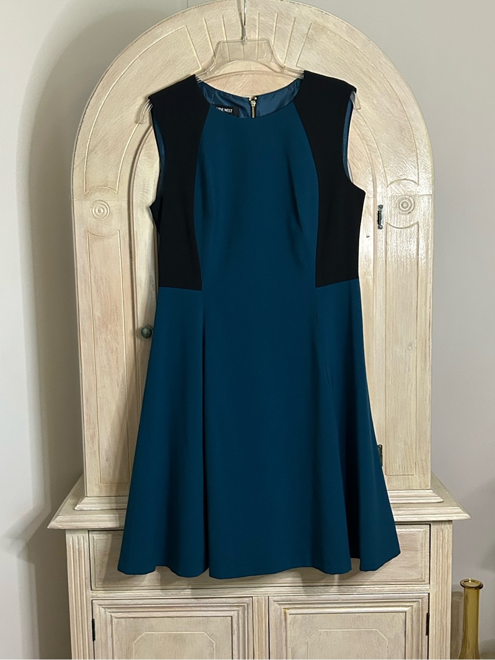 Nine West Teal Sleeveless A-Line Dress with Black Panels - Picture 3 of 12